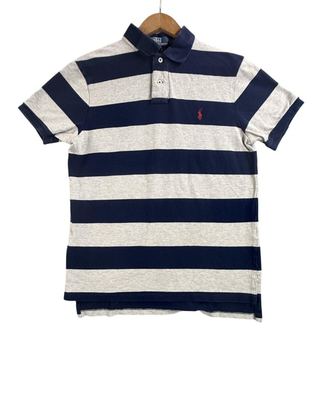 Vintage Polo Ralph Lauren Polo Shirt Mens Large Gray Navy Stripe Custom Fit Pony